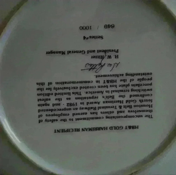 Collectable HB&T Gold Harriman Recipient Fine Porcelain Plate Series #4 649/1000 - Picture 3 of 8